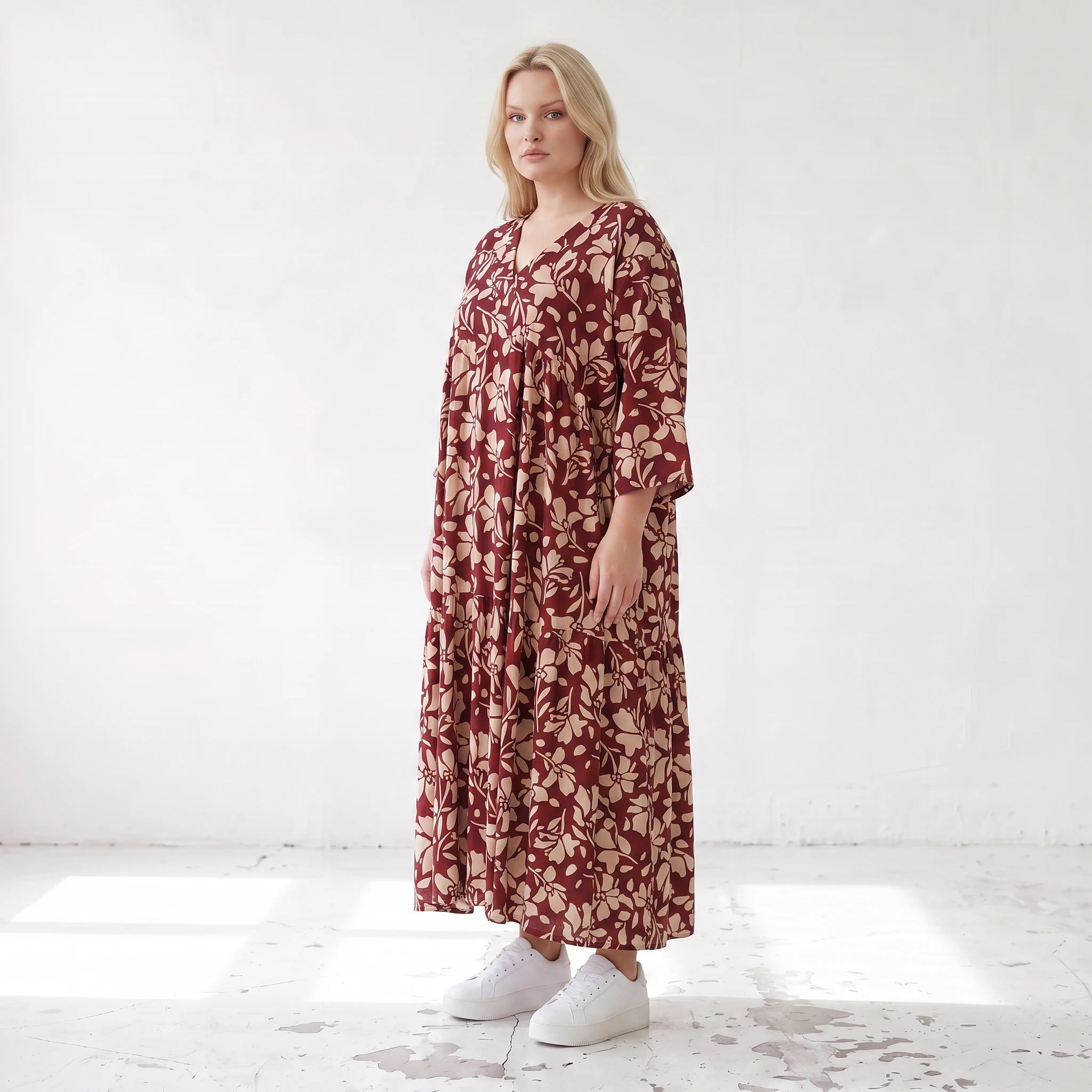Damen Kleid Lagenlook Viskose Weinrot/Rose, A-Form, V-Ausschnitt, Oversize große Größen – AKH Fashion