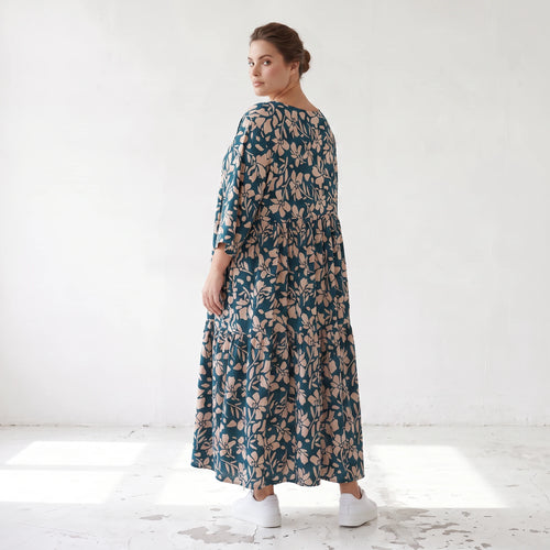 Damen Kleid Lagenlook Viskose Petrol/Rose, A-Form, 3/4-Arm, V-Ausschnitt, Oversize große Größen – AKH Fashion
