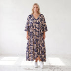 Damen Kleid Lagenlook Viskose Marine/Rose, A-Form, V-Ausschnitt, Oversize große Größen – AKH Fashion
