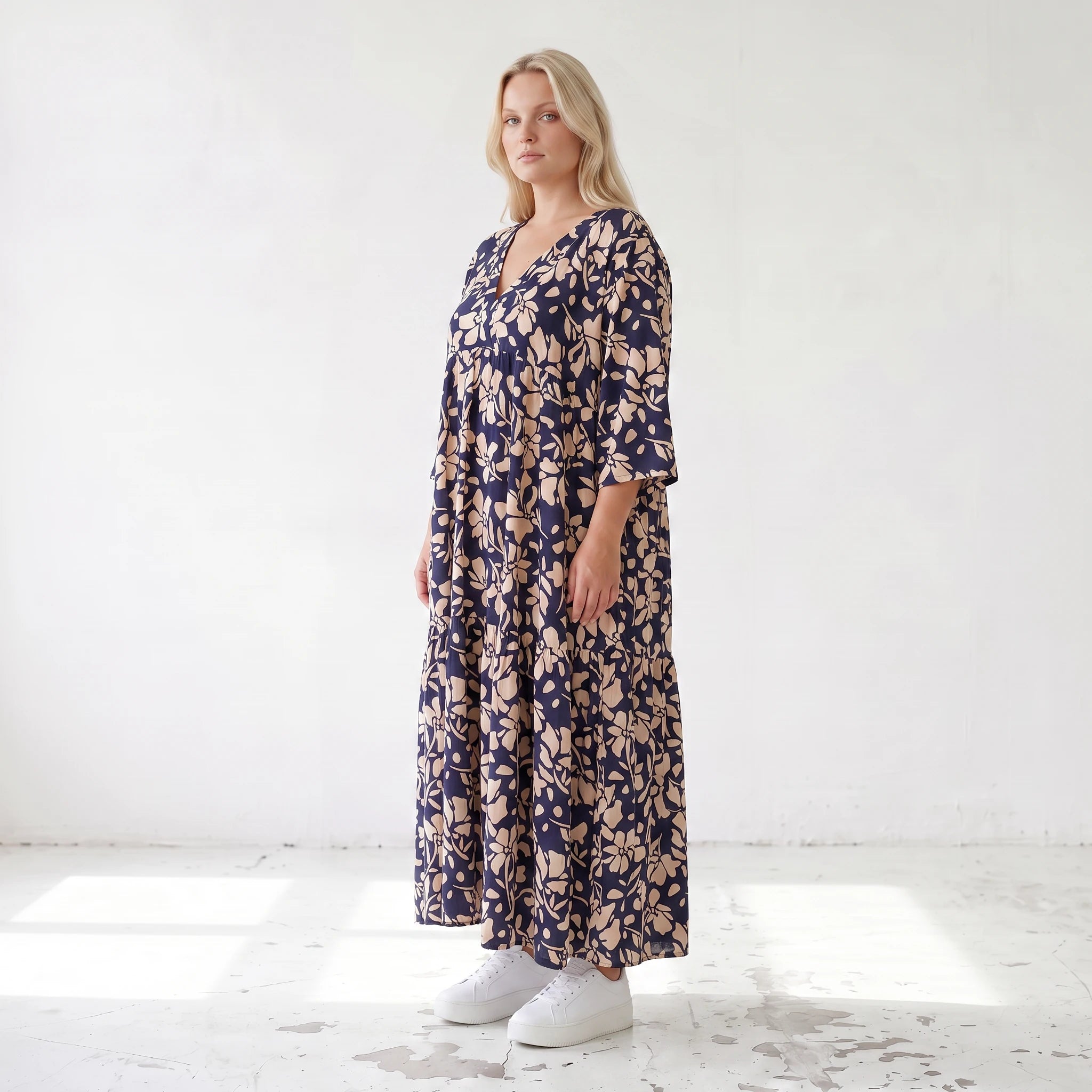 Damen Kleid Lagenlook Viskose Marine/Rose, A-Form, V-Ausschnitt, Oversize große Größen – AKH Fashion