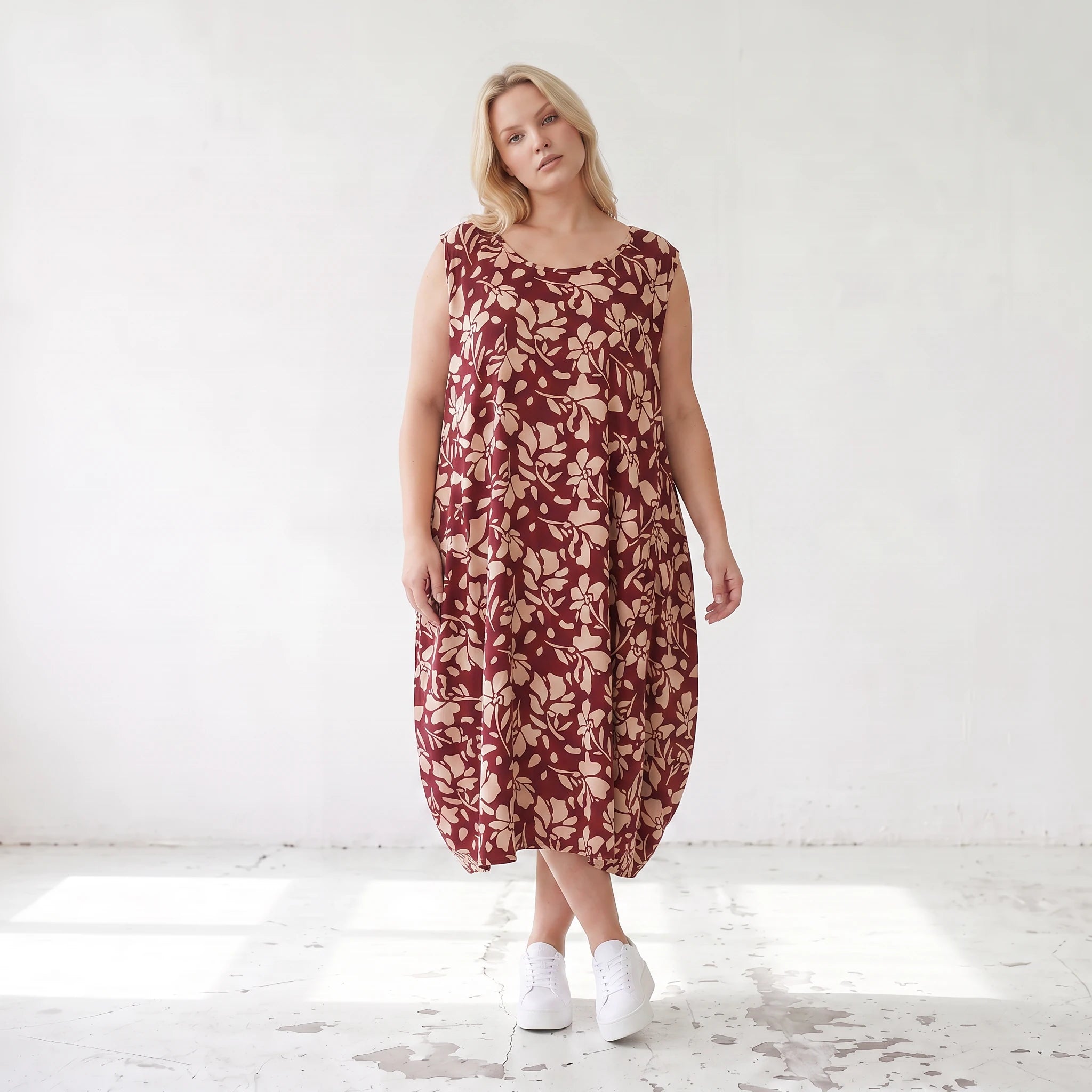Damen Kleid Lagenlook Viskose Weinrot/Rose, Ballonschnitt, ärmellos, Flügeltaschen, Oversize große Größen – AKH Fashion