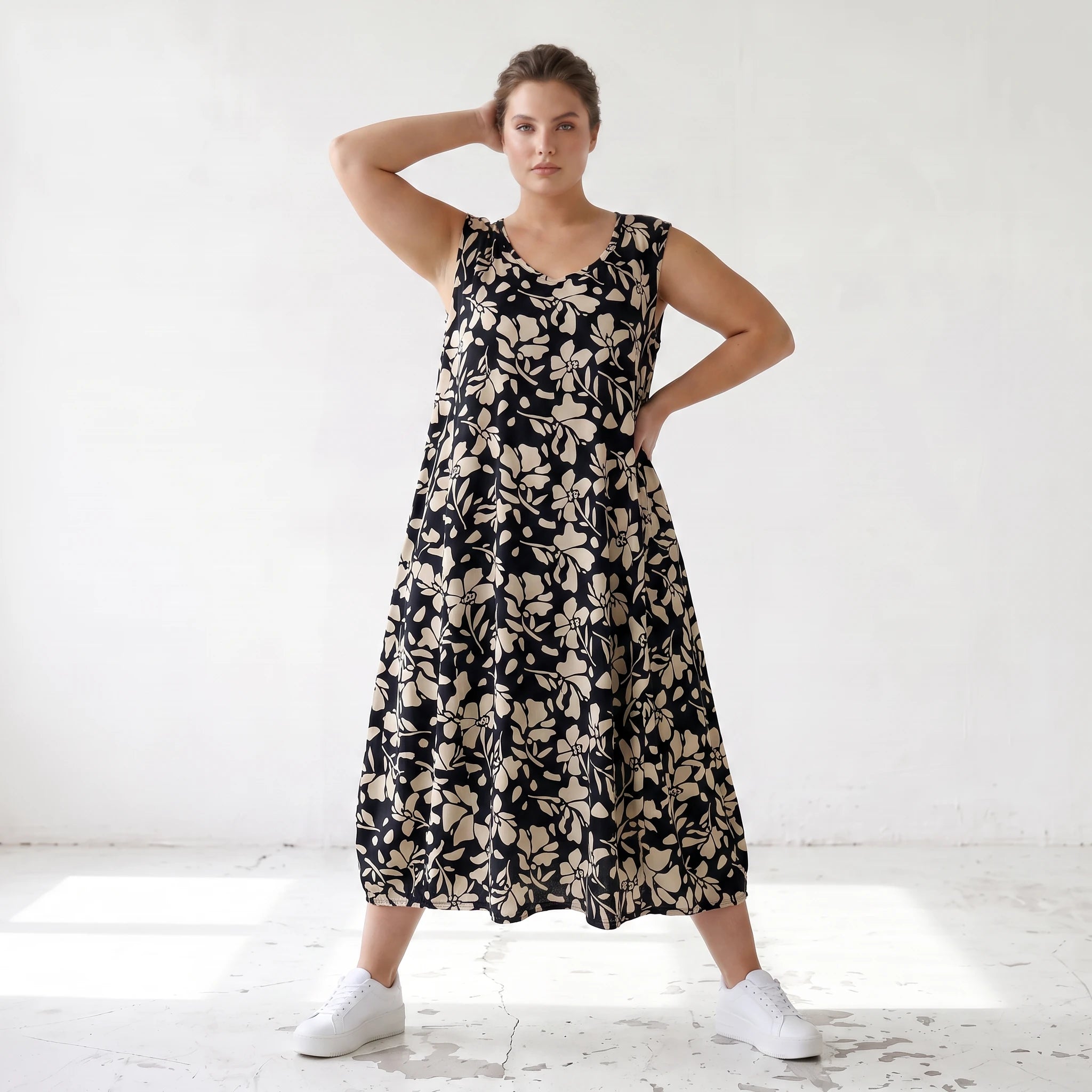 Damen Kleid Lagenlook Viskose Schwarz/Ecru, Ballonschnitt, Oversize große Größen – AKH Fashion