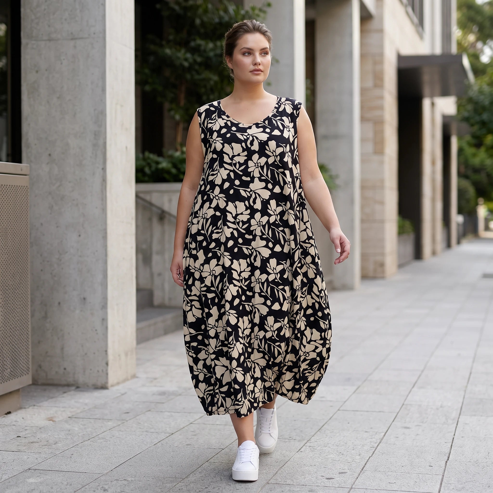 Damen Kleid Lagenlook Viskose Schwarz/Ecru, Ballonschnitt, Oversize große Größen – AKH Fashion