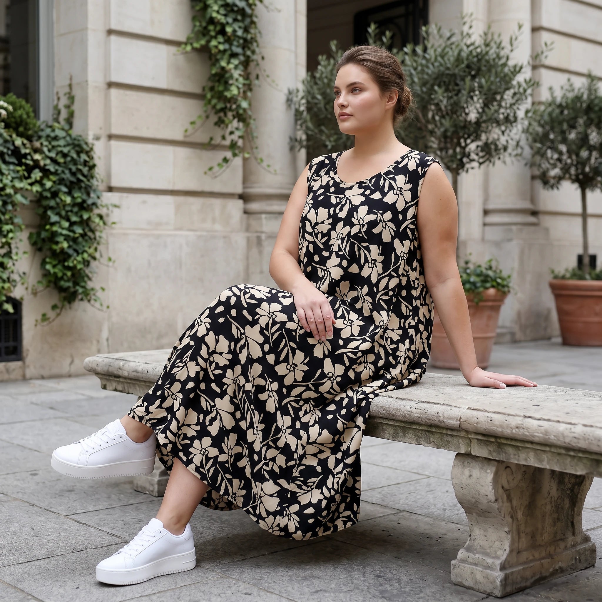 Damen Kleid Lagenlook Viskose Schwarz/Ecru, Ballonschnitt, Oversize große Größen – AKH Fashion