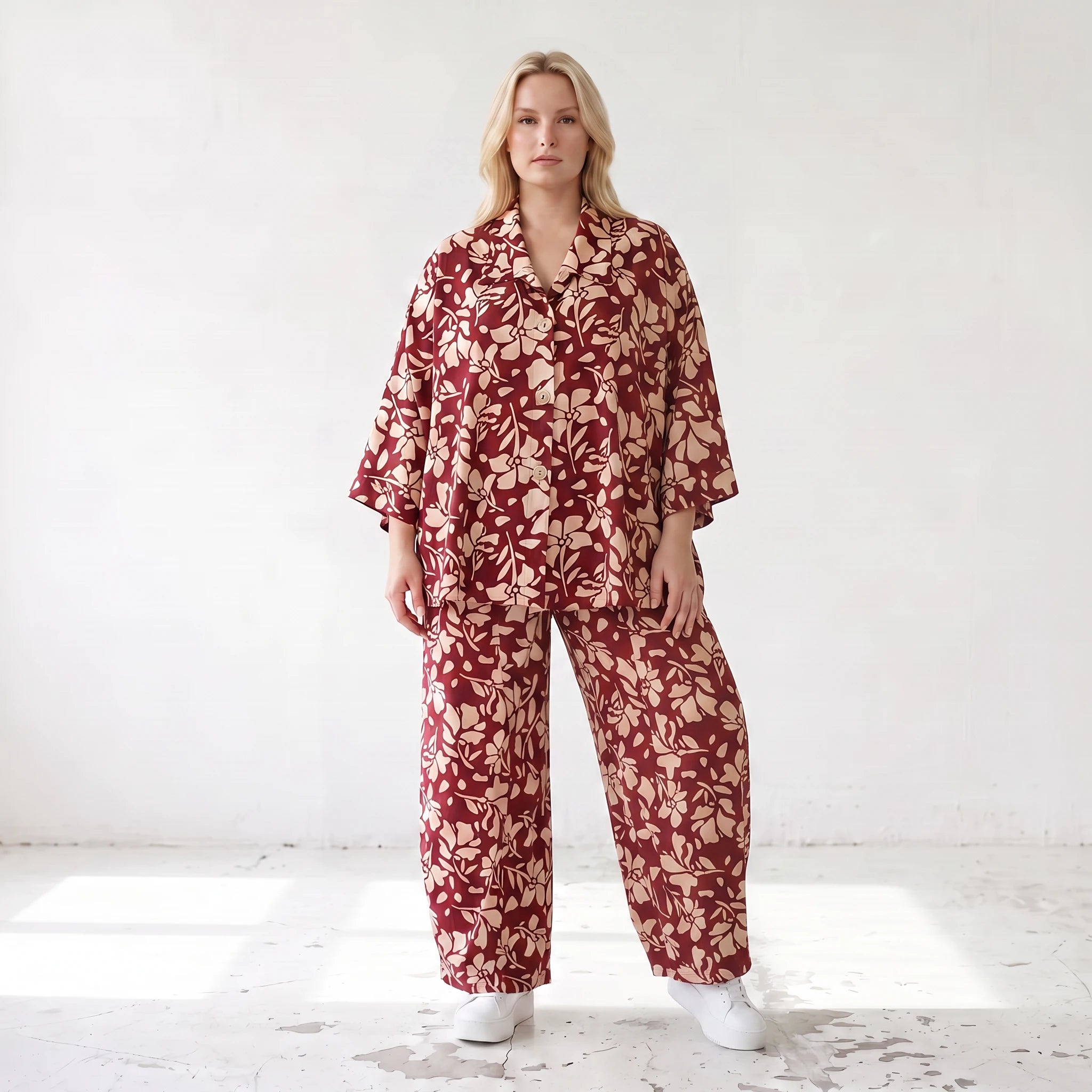 Damen Hose Lagenlook Viskose Weinrot/Rose, Ballonschnitt, Elastikbund, Oversize große Größen – AKH Fashion