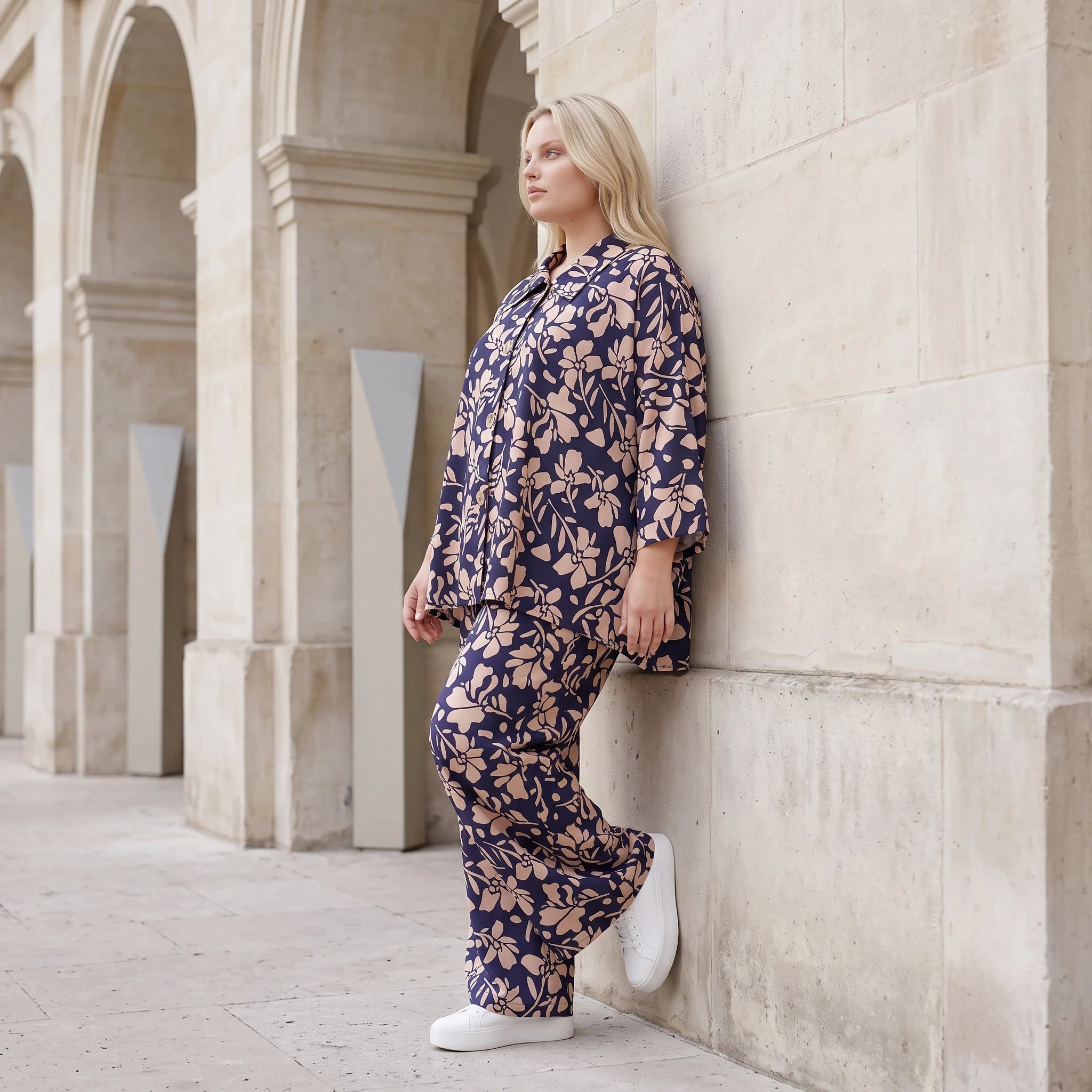 Damen Hose Lagenlook Viskose Marine/Rose, Ballonschnitt, Elastikbund, Oversize große Größen – AKH Fashion