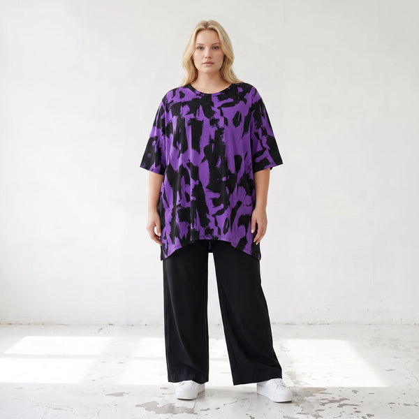 Damen Shirt Lagenlook Baumwolle Violett/Schwarz, A-Linie, Kurzarm, Seitenschlitze, Oversize große Größen – Funky Diva