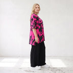 Damen Shirt Lagenlook Baumwolle Pink/Schwarz, A-Linie, Kurzarm, Seitenschlitze, Oversize große Größen – Funky Diva