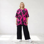 Damen Shirt Lagenlook Baumwolle Pink/Schwarz, A-Linie, Kurzarm, Seitenschlitze, Oversize große Größen – Funky Diva