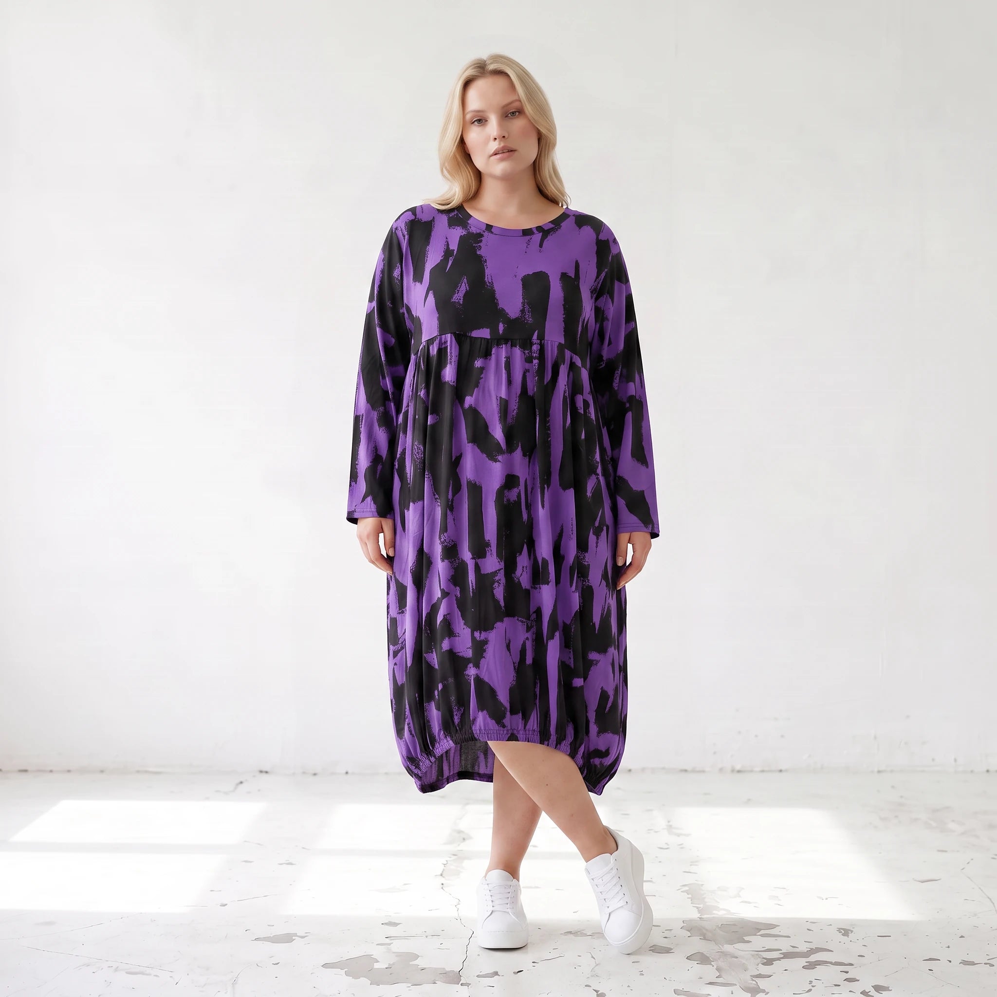Damen Kleid Lagenlook Baumwolle Schwarz/Violett, Ballonform, Langarm, Flügeltaschen, Oversize große Größen – Funky Diva