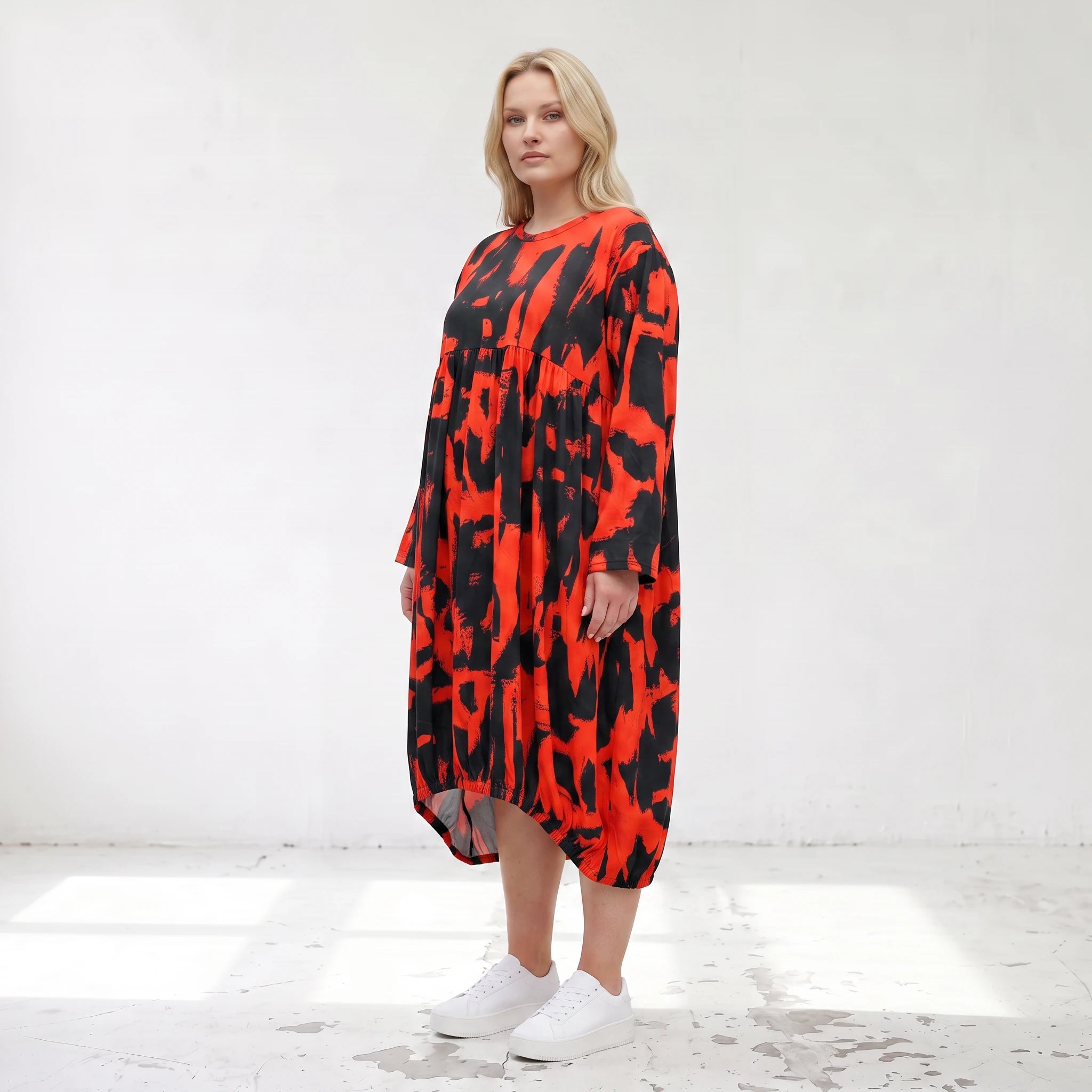 Damen Kleid Lagenlook Baumwolle Rot/Schwarz, Ballonform, Flügeltaschen, Oversize große Größen – Funky Diva