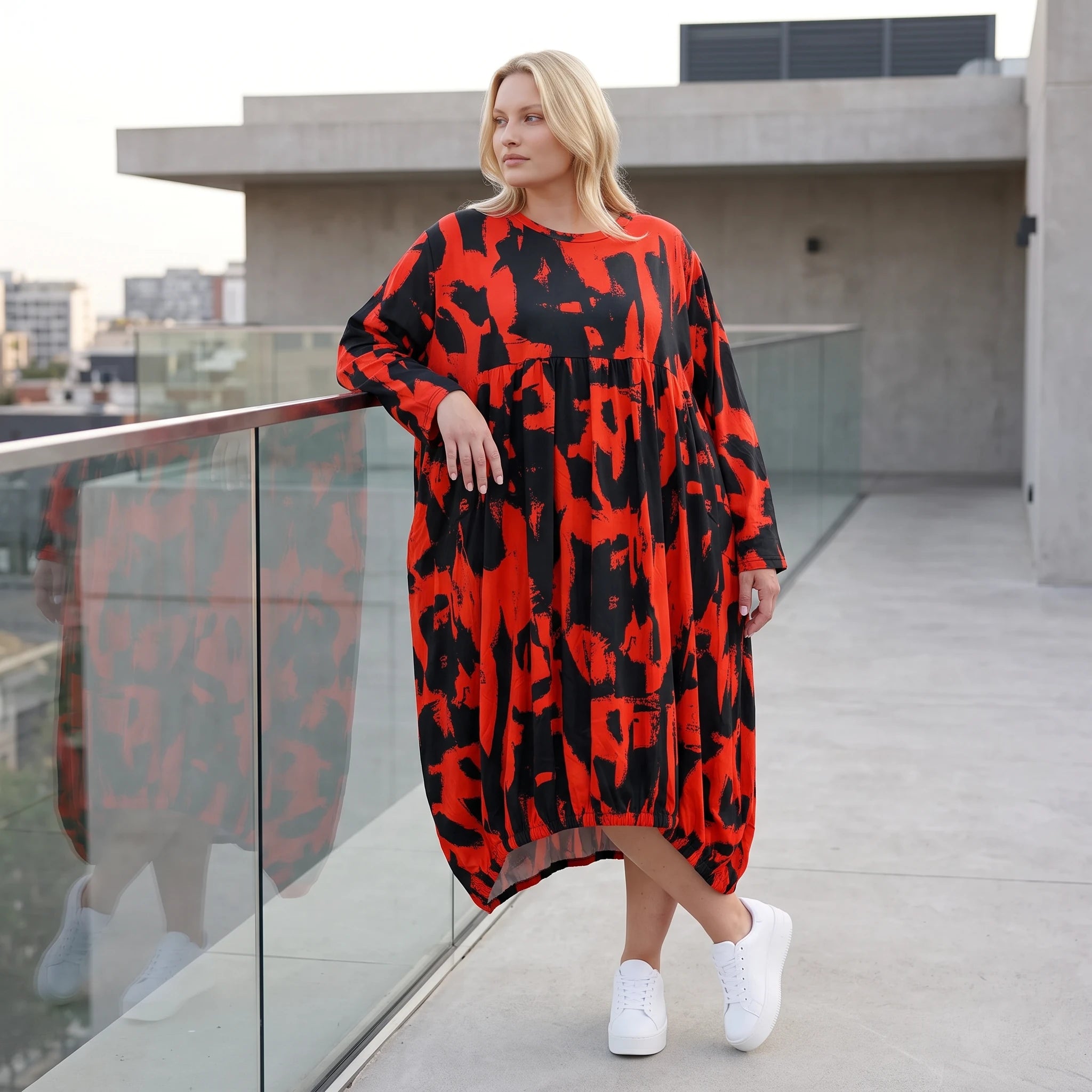 Damen Kleid Lagenlook Baumwolle Rot/Schwarz, Ballonform, Flügeltaschen, Oversize große Größen – Funky Diva