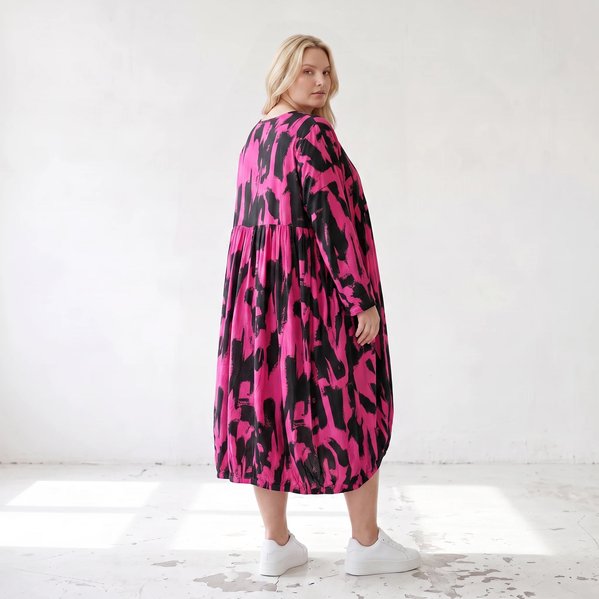 Damen Kleid Lagenlook Baumwolle Pink/Schwarz, Ballonform, Elastikbund, Oversize große Größen – Funky Diva