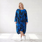 Damen Kleid Lagenlook Baumwolle Blau/Schwarz, Ballonform, Flügeltaschen, Oversize große Größen – Funky Diva