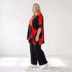 Damen Shirt Lagenlook Baumwolle Rot/Schwarz, A-Linie, Punkte, Kurzarm, Seitenschlitze, Oversize große Größen – Funky Diva