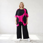 Damen Shirt Lagenlook Baumwolle Pink/Schwarz, A-Linie, Punkte, Kurzarm, Seitenschlitze, Oversize große Größen – Funky Diva