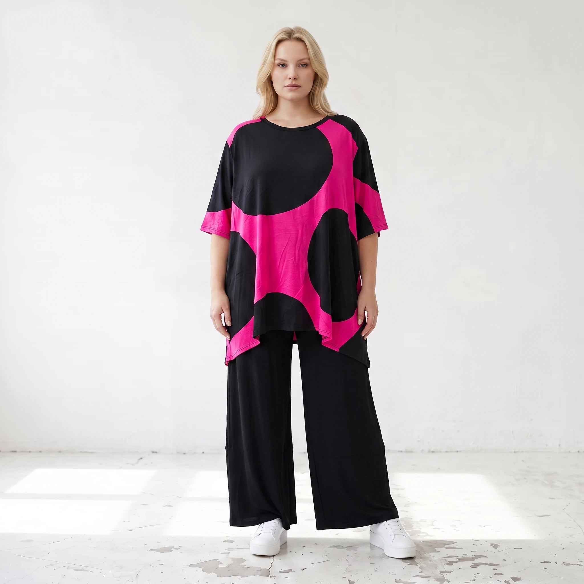 Damen Shirt Lagenlook Baumwolle Pink/Schwarz, A-Linie, Punkte, Kurzarm, Seitenschlitze, Oversize große Größen – Funky Diva