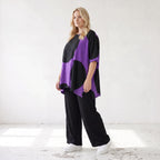 Damen Shirt Lagenlook Baumwolle Lila/Schwarz, A-Linie, Kurzarm, Seitenschlitze, Oversize große Größen – Funky Diva