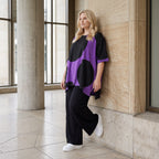 Damen Shirt Lagenlook Baumwolle Lila/Schwarz, A-Linie, Kurzarm, Seitenschlitze, Oversize große Größen – Funky Diva