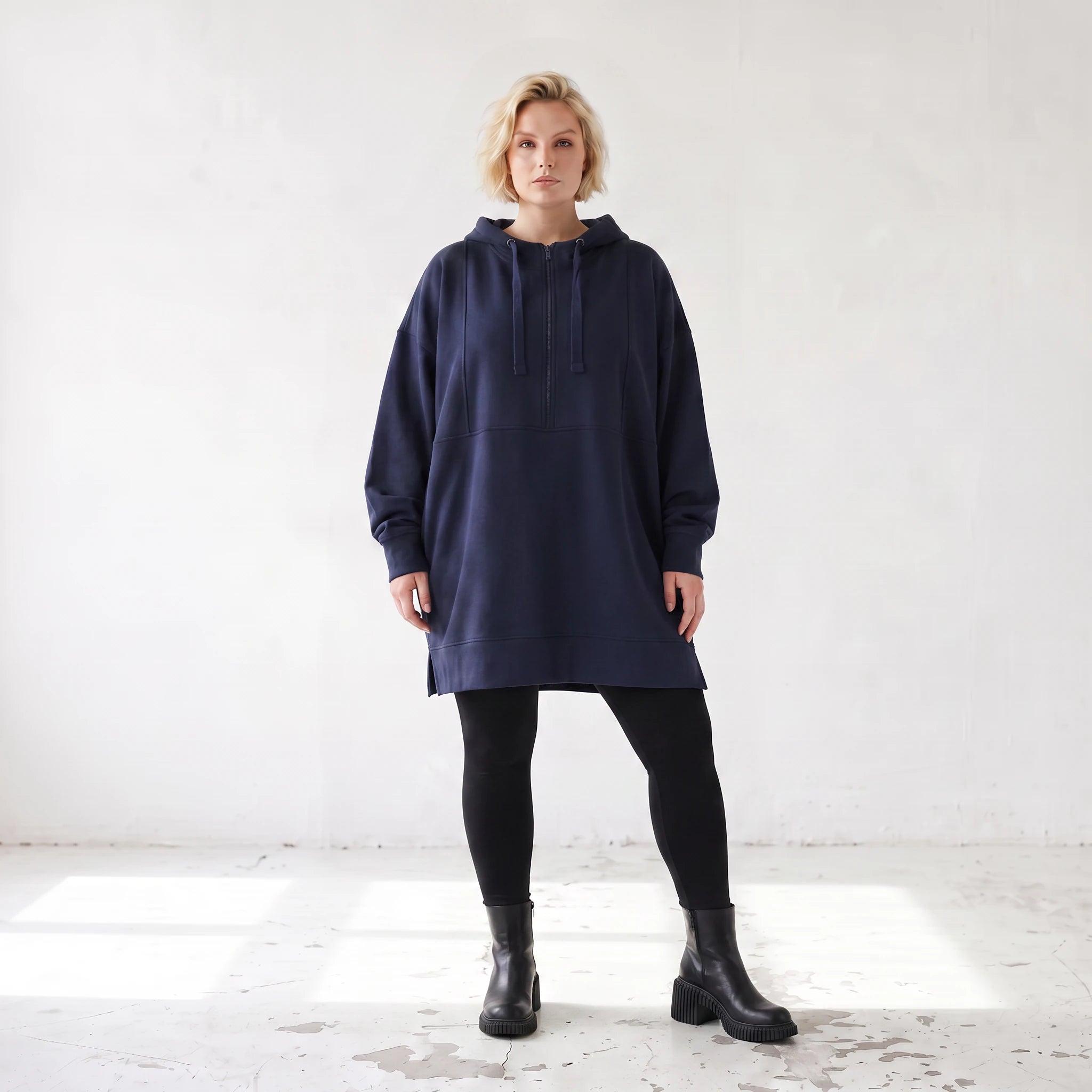 Damen Hoody Lagenlook Baumwolle Blau, gerader Schnitt, Kapuze, Oversize große Größen – Rafay