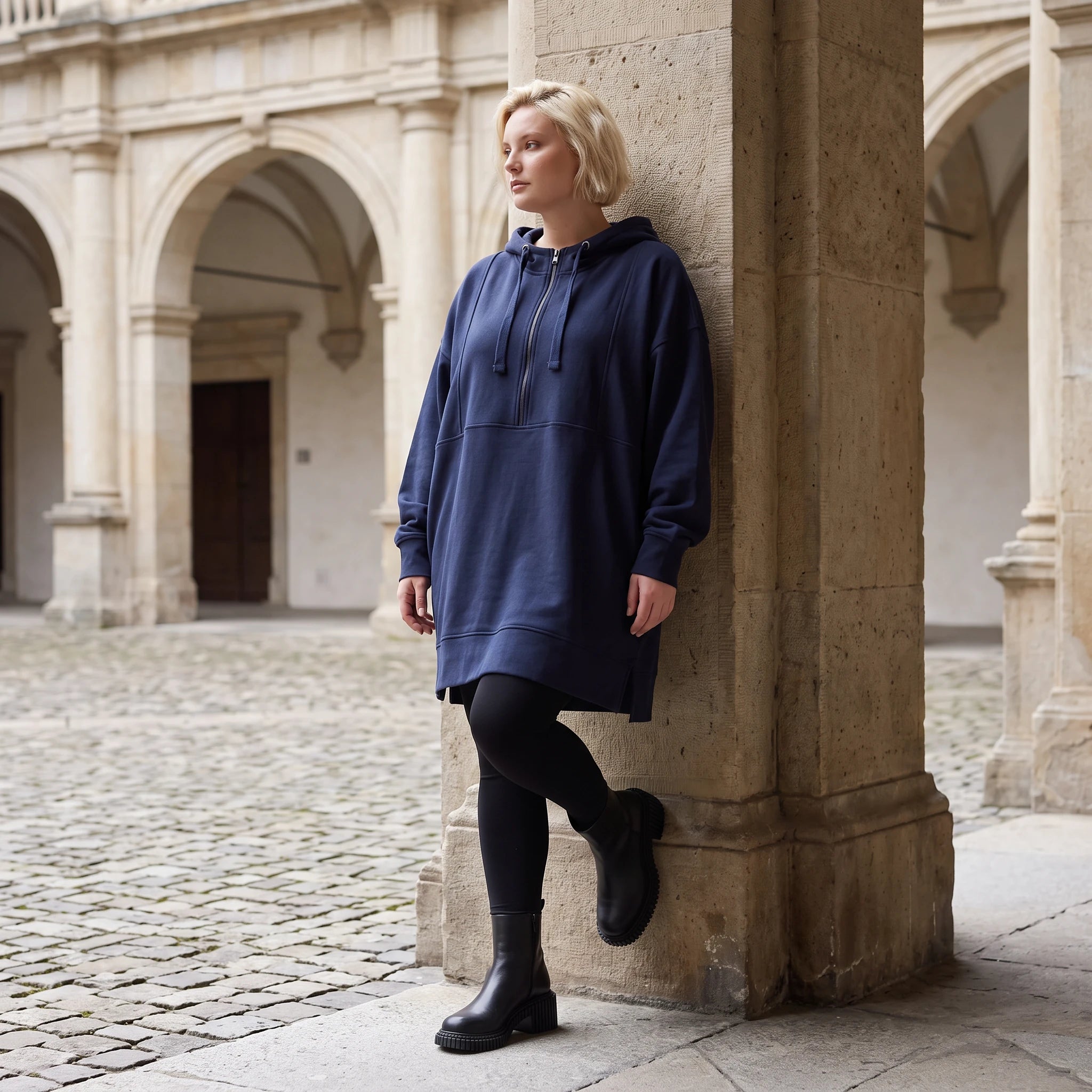 Damen Hoody Lagenlook Baumwolle Blau, gerader Schnitt, Kapuze, Oversize große Größen – Rafay