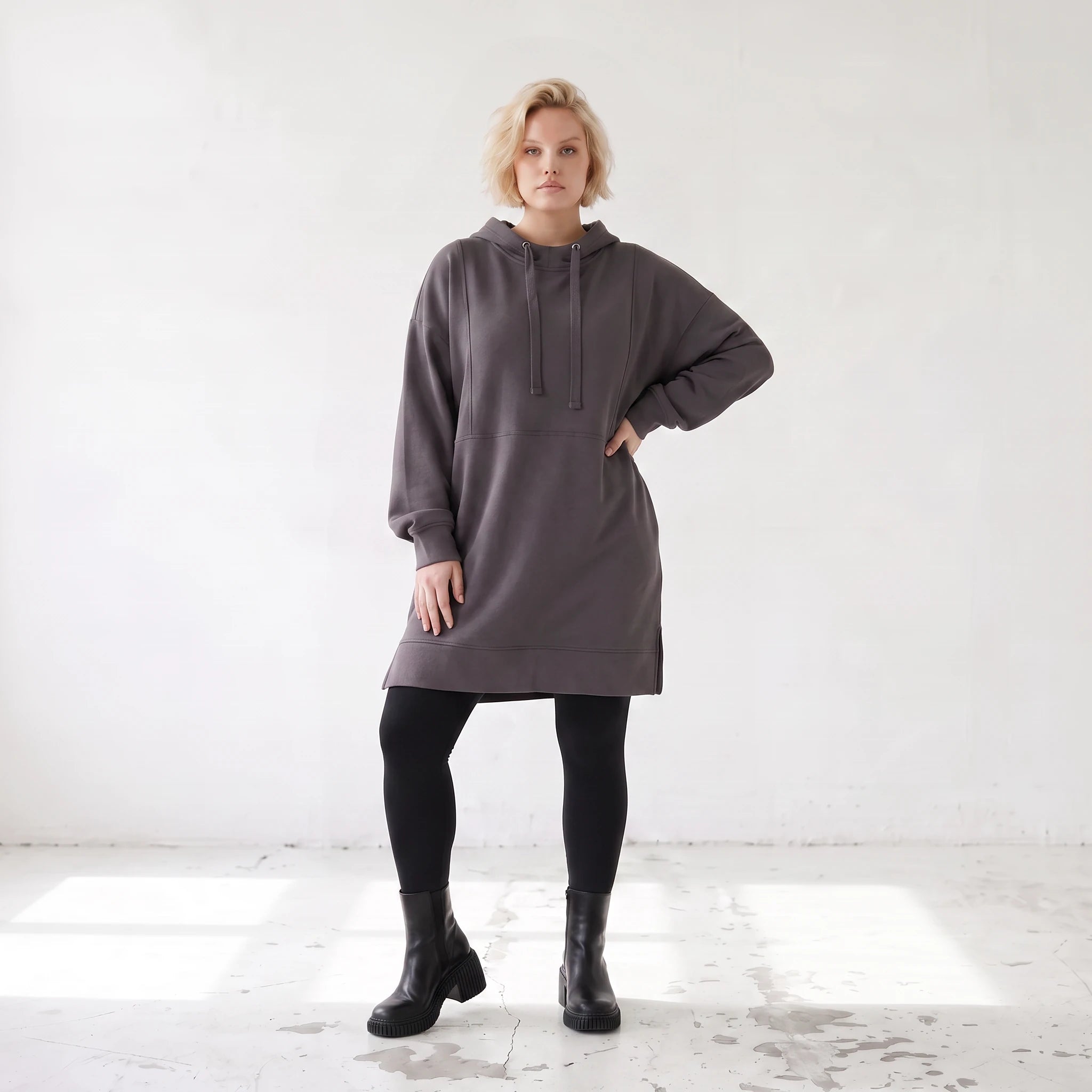 Damen Hoody Lagenlook Baumwolle Anthrazit, gerader Schnitt, Kapuze, Oversize große Größen – Rafay