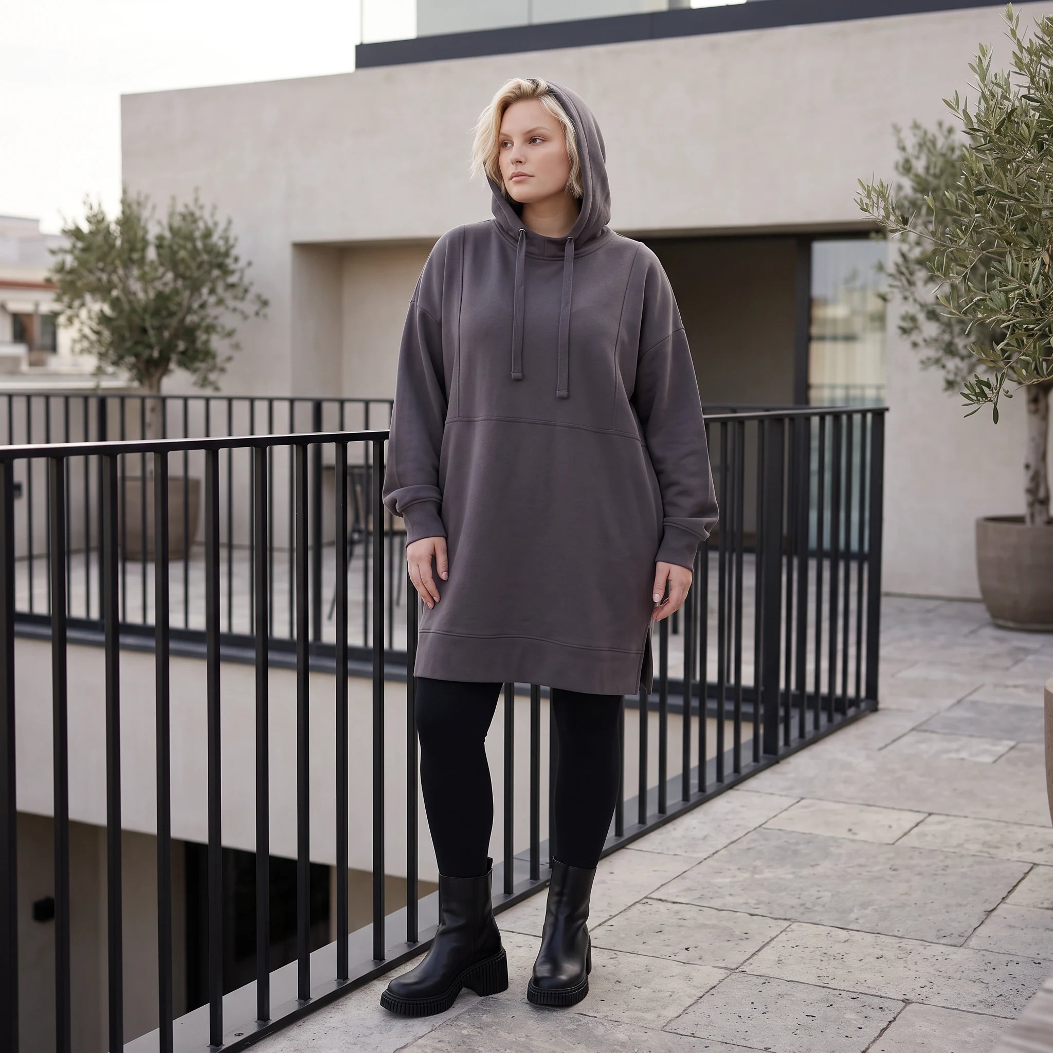 Damen Hoody Lagenlook Baumwolle Anthrazit, gerader Schnitt, Kapuze, Oversize große Größen – Rafay