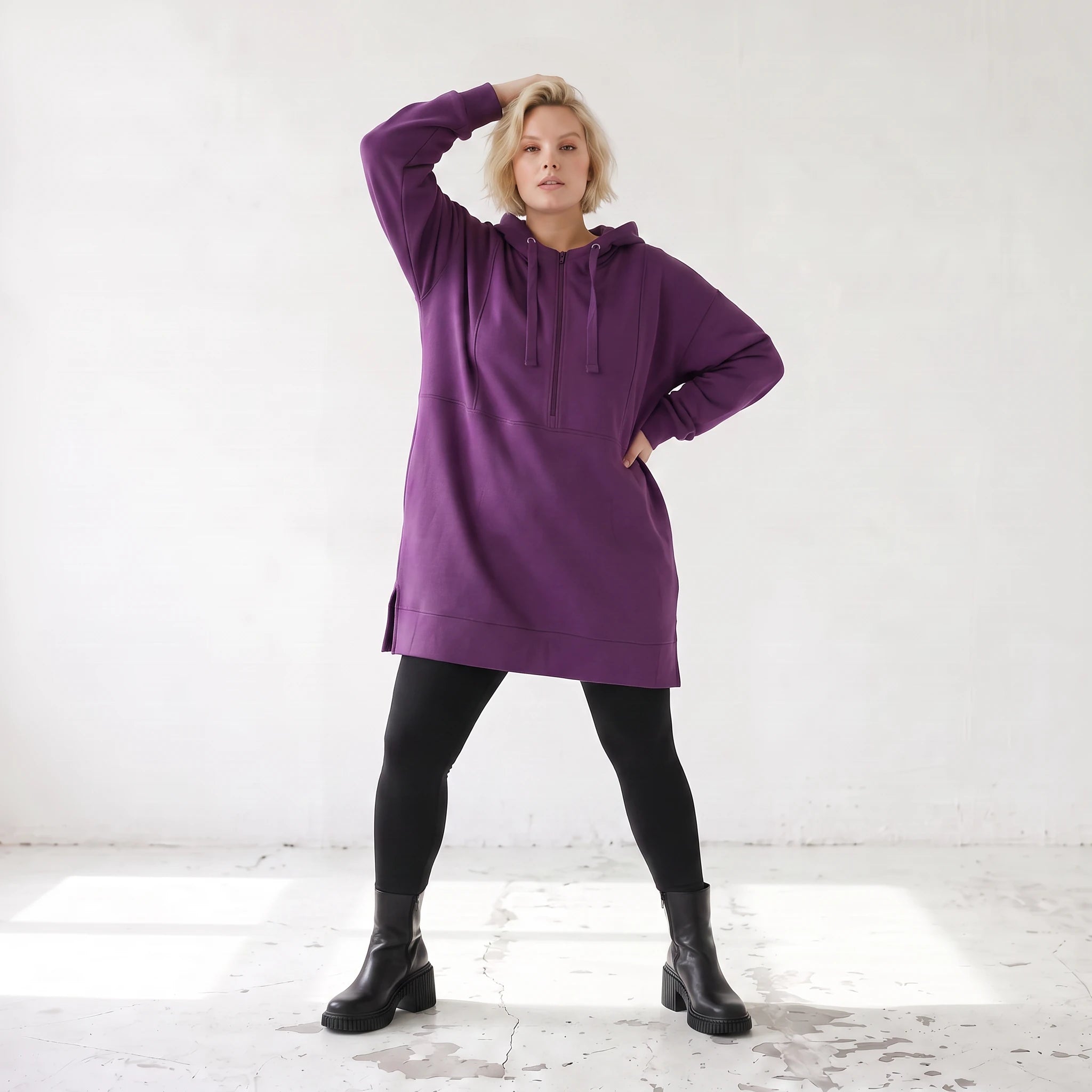 Damen Hoody Lagenlook Baumwolle Lila, gerader Schnitt, Reißverschluss, Oversize große Größen – Rafay