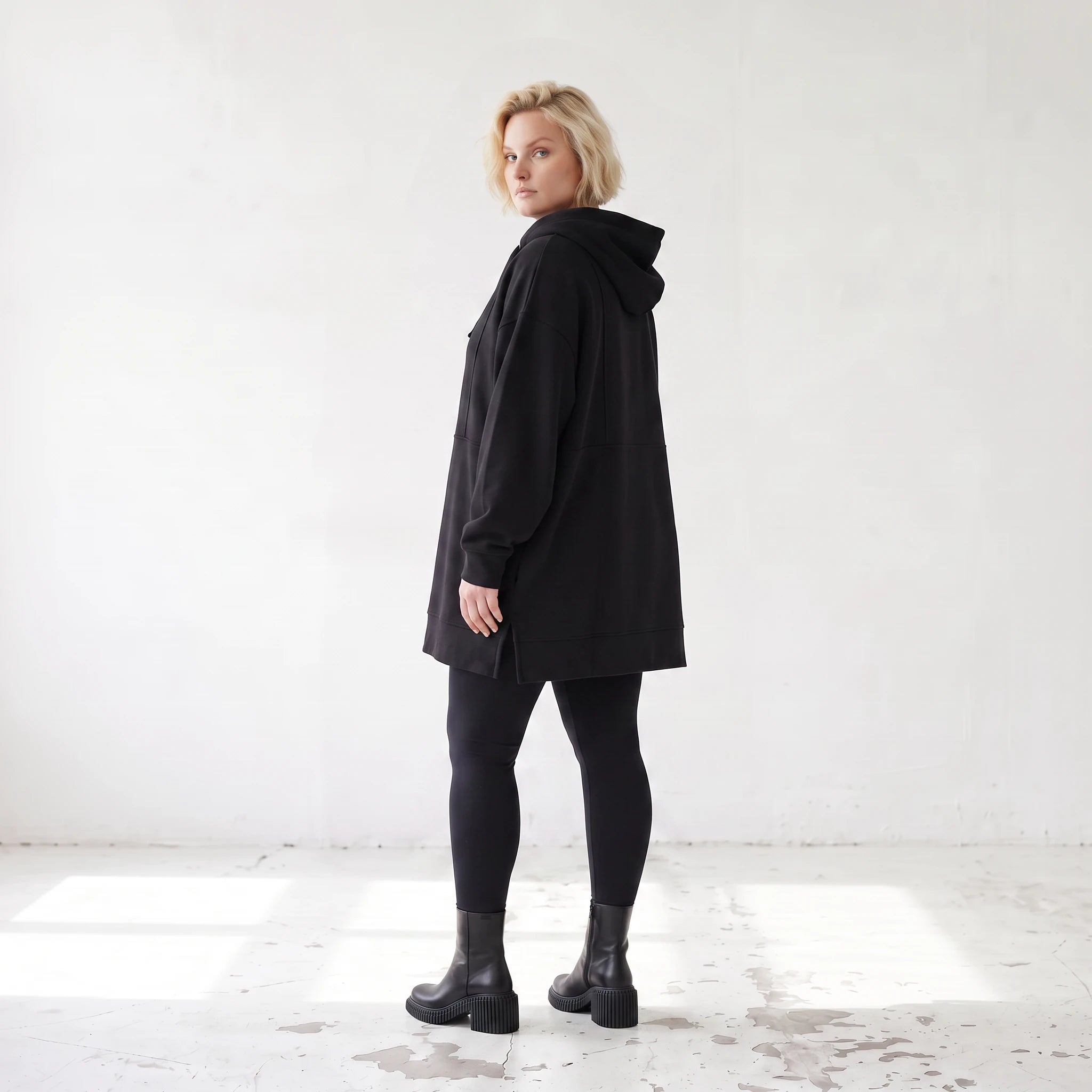Damen Hoody Lagenlook Baumwolle Schwarz, gerader Schnitt, Reißverschluss, Oversize große Größen – Rafay