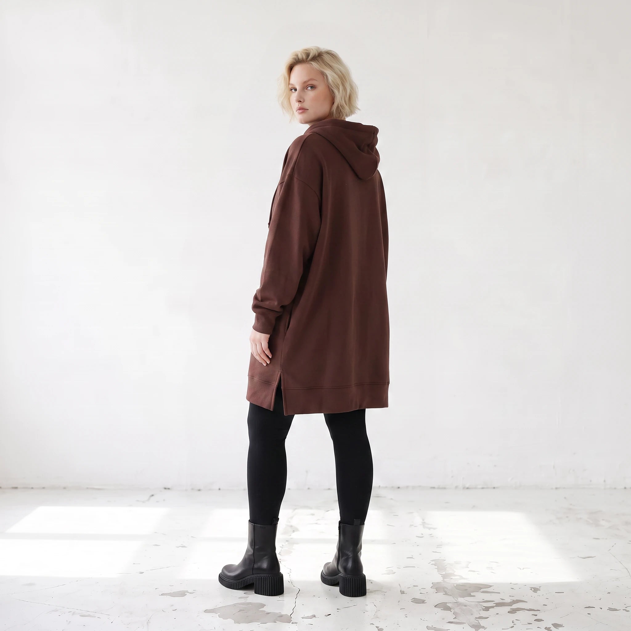 Damen Hoody Lagenlook Baumwolle Braun, gerader Schnitt, Reißverschluss, Oversize große Größen – Rafay