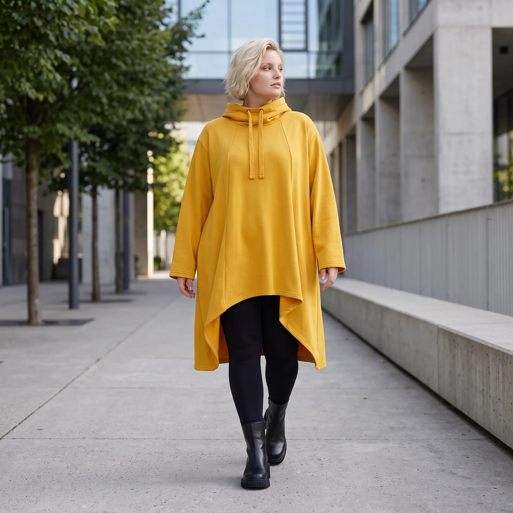 Damen Shirt Lagenlook Baumwolle Senfgelb, Vokuhila, Langarm, Daumenloch, Oversize große Größen – Rafay
