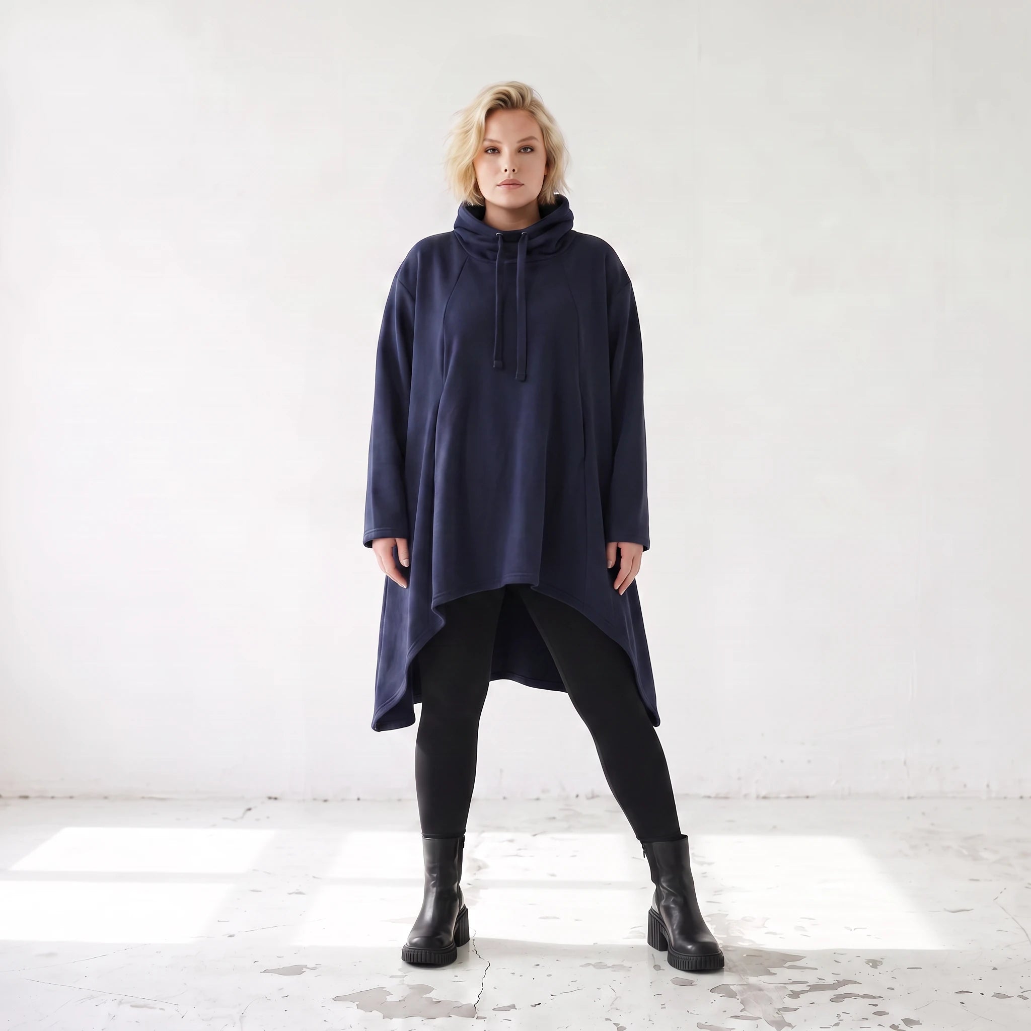 Damen Shirt Lagenlook Baumwolle Dunkelblau, Vokuhila, Langarm, Daumenloch, Oversize große Größen – Rafay
