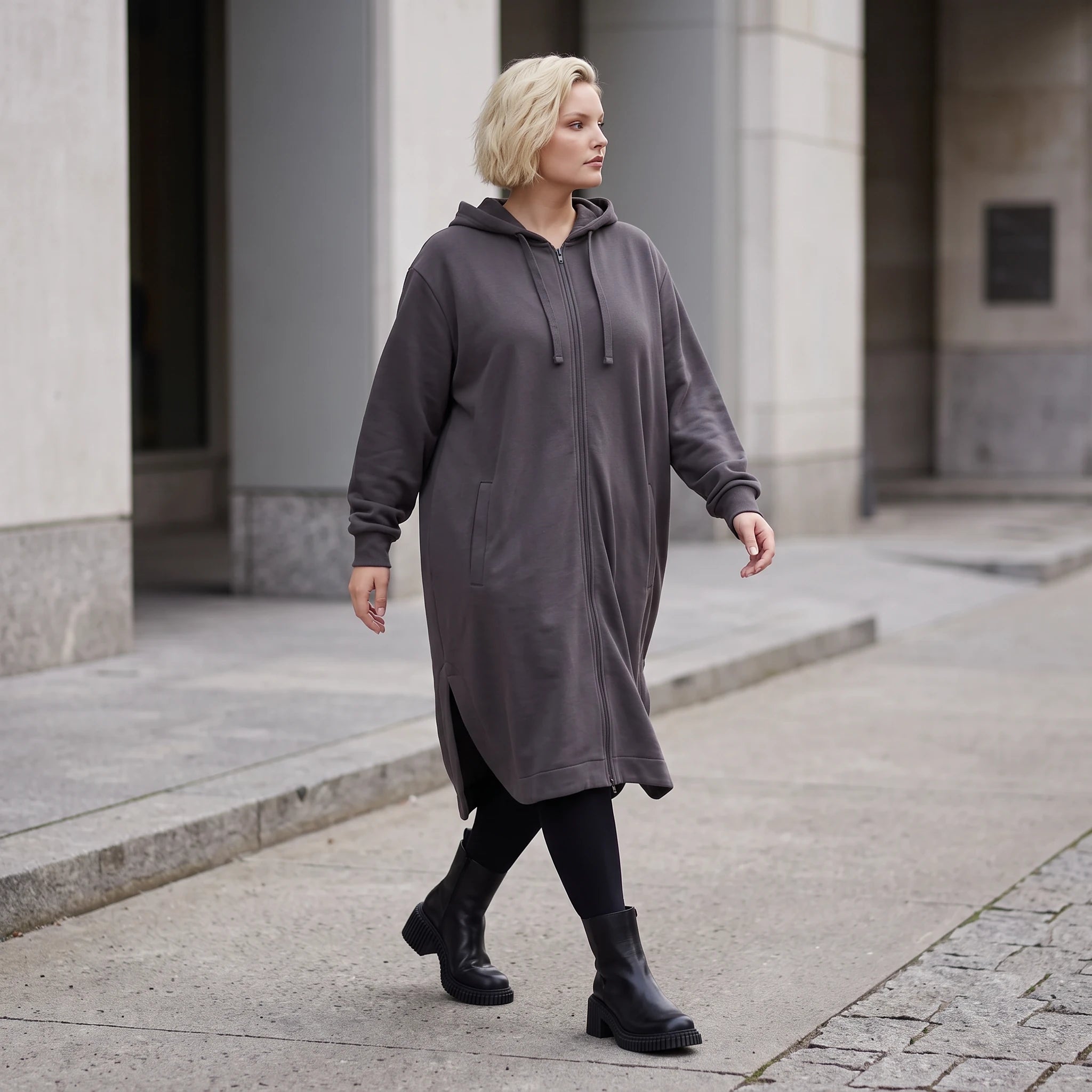 Dunkelgraue Kapuzenjacke aus weicher Baumwolle in Fleece French Terry mit Reißverschluss