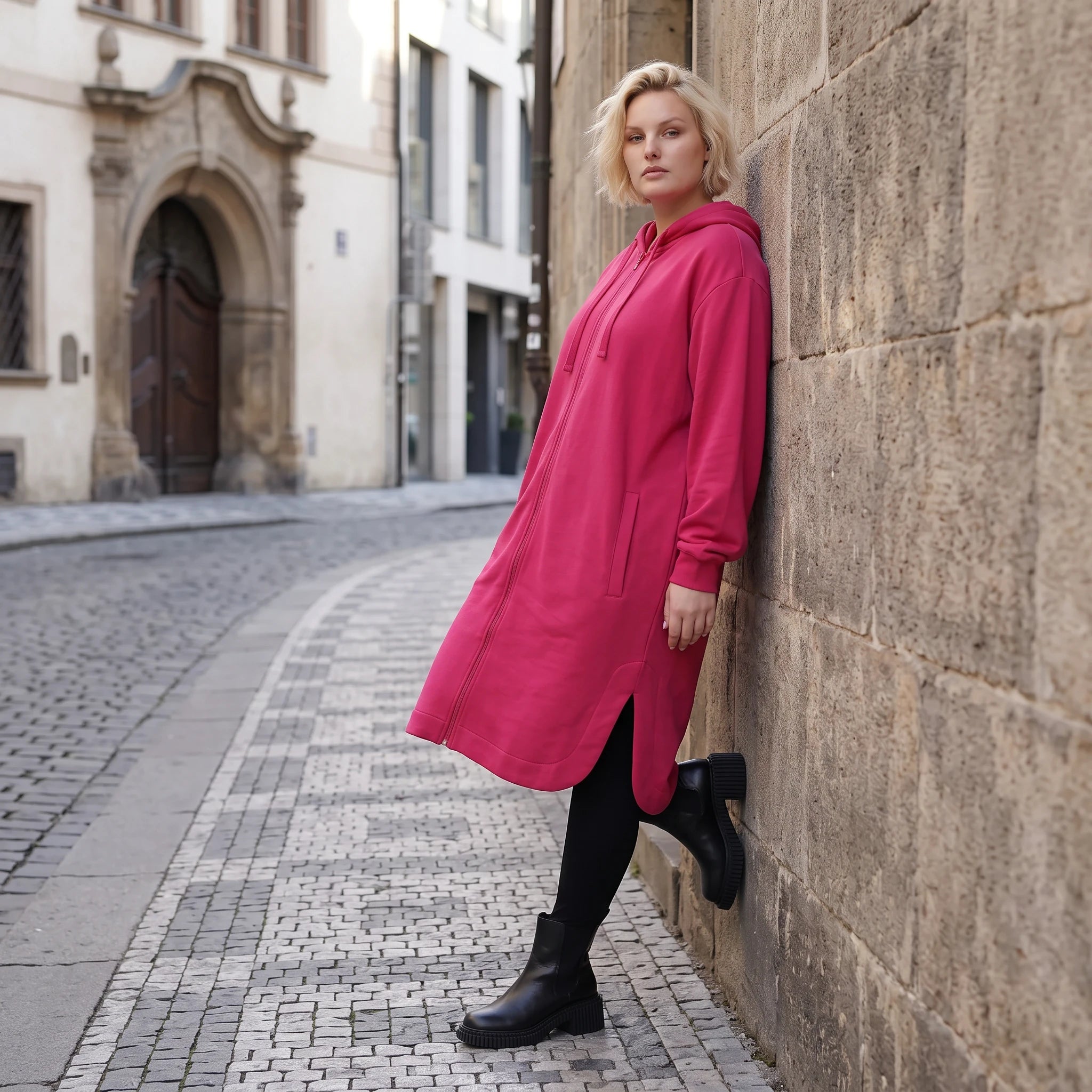 Kapuzenjacke aus reiner Baumwolle in zartem Pink mit geradem Schnitt aus French Terry