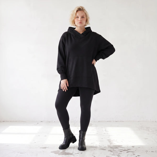 Damen Hoody Lagenlook Baumwolle Schwarz, gerundeter Schnitt, 7/8-Arm, Kängurutasche, Oversize große Größen – Rafay