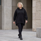 Damen Hoody Lagenlook Baumwolle Schwarz, gerundeter Schnitt, 7/8-Arm, Kängurutasche, Oversize große Größen – Rafay