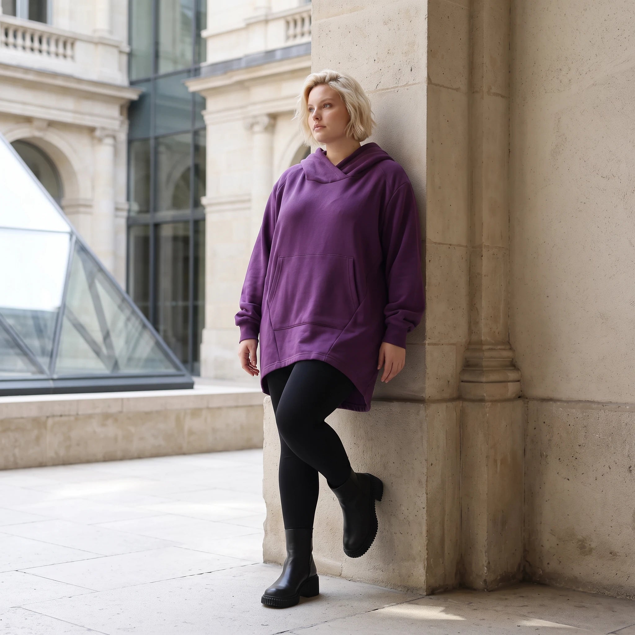 Damen Hoody Lagenlook Baumwolle Lila, gerundeter Schnitt, 7/8-Arm, Kängurutasche, Oversize große Größen – Rafay
