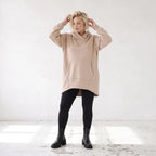 Damen Hoody Lagenlook Baumwolle Sand, gerundeter Schnitt, 7/8-Arm, Kängurutasche, Oversize große Größen – Rafay