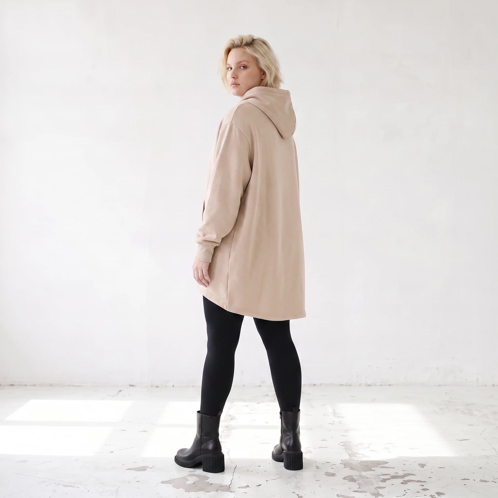 Damen Hoody Lagenlook Baumwolle Sand, gerundeter Schnitt, 7/8-Arm, Kängurutasche, Oversize große Größen – Rafay