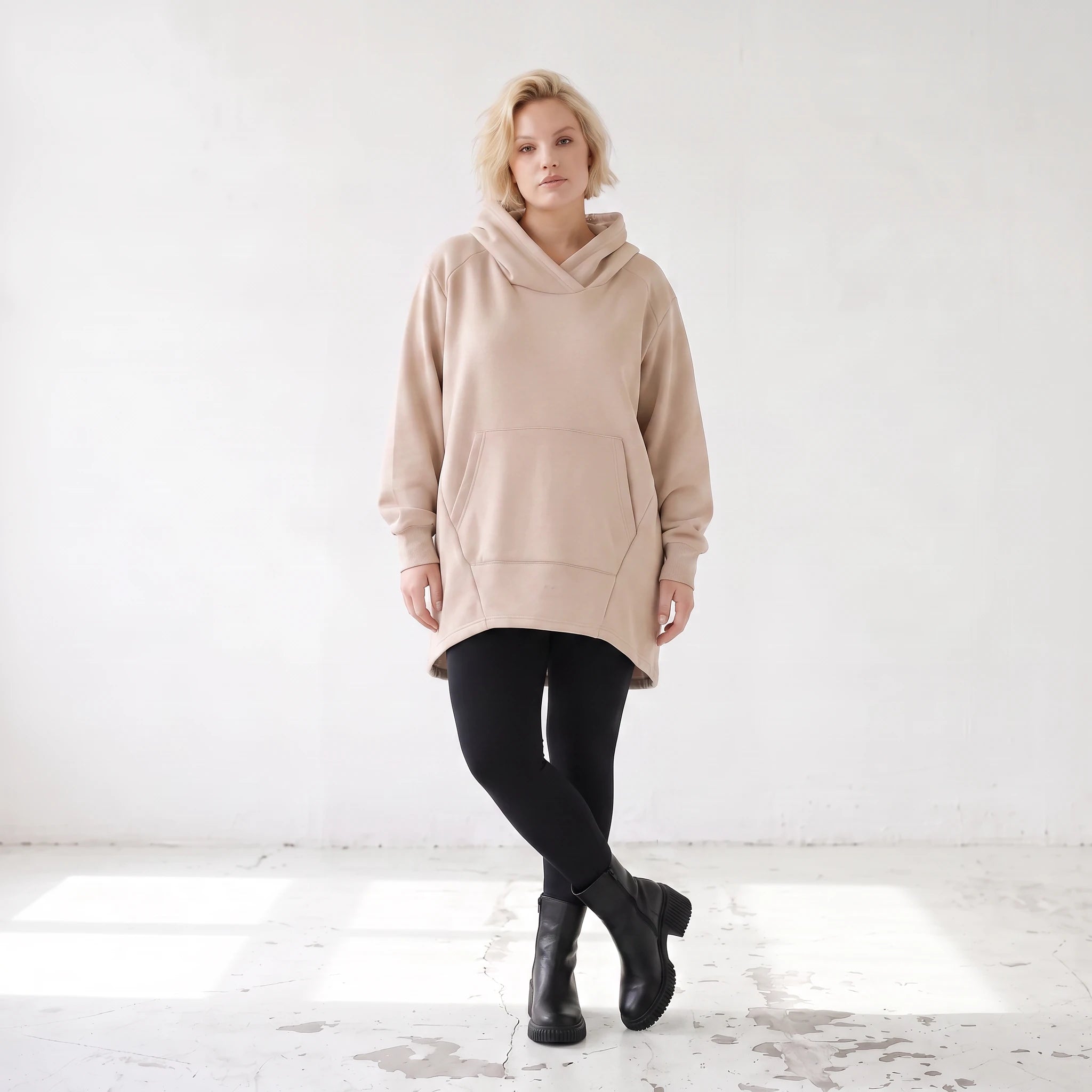 Damen Hoody Lagenlook Baumwolle Sand, gerundeter Schnitt, 7/8-Arm, Kängurutasche, Oversize große Größen – Rafay