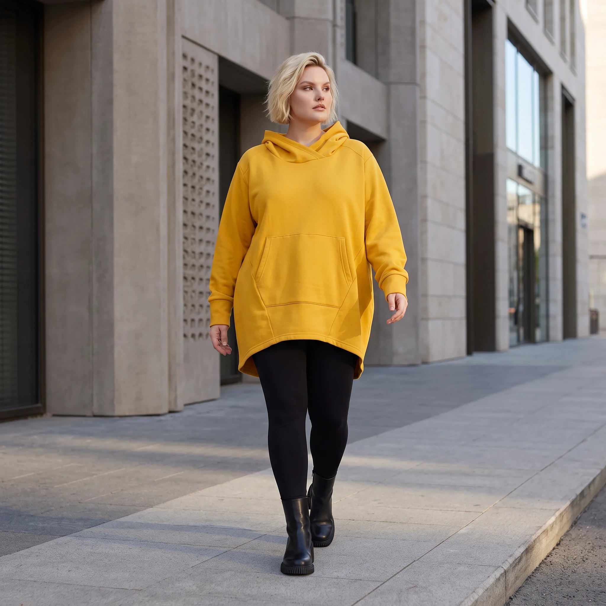 Damen Hoody Lagenlook Baumwolle Senfgelb, gerundeter Schnitt, 7/8-Arm, Kängurutasche, Oversize große Größen – Rafay