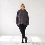 Damen Hoody Lagenlook Baumwolle Dunkelgrau, gerundeter Schnitt, Kängurutasche, Oversize große Größen – Rafay