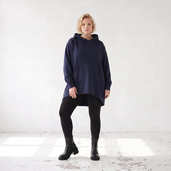 Damen Hoody Lagenlook Baumwolle Dunkelblau, gerundeter Schnitt, Kapuze, Oversize große Größen – Rafay