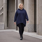 Damen Hoody Lagenlook Baumwolle Dunkelblau, gerundeter Schnitt, Kapuze, Oversize große Größen – Rafay