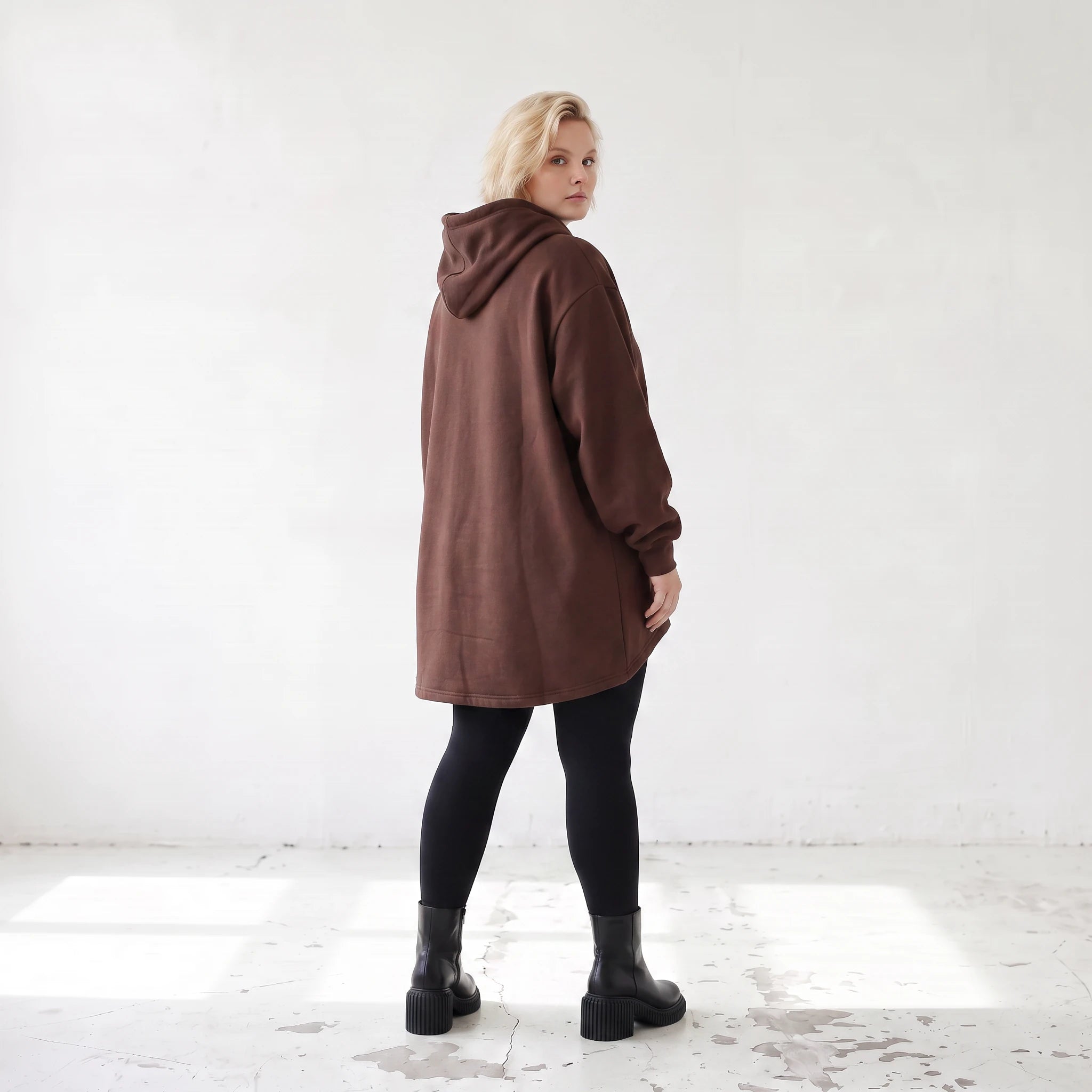 Damen Hoody Lagenlook Baumwolle Schokobraun, gerundeter Schnitt, 7/8-Arm, Kängurutasche, Oversize große Größen – Rafay