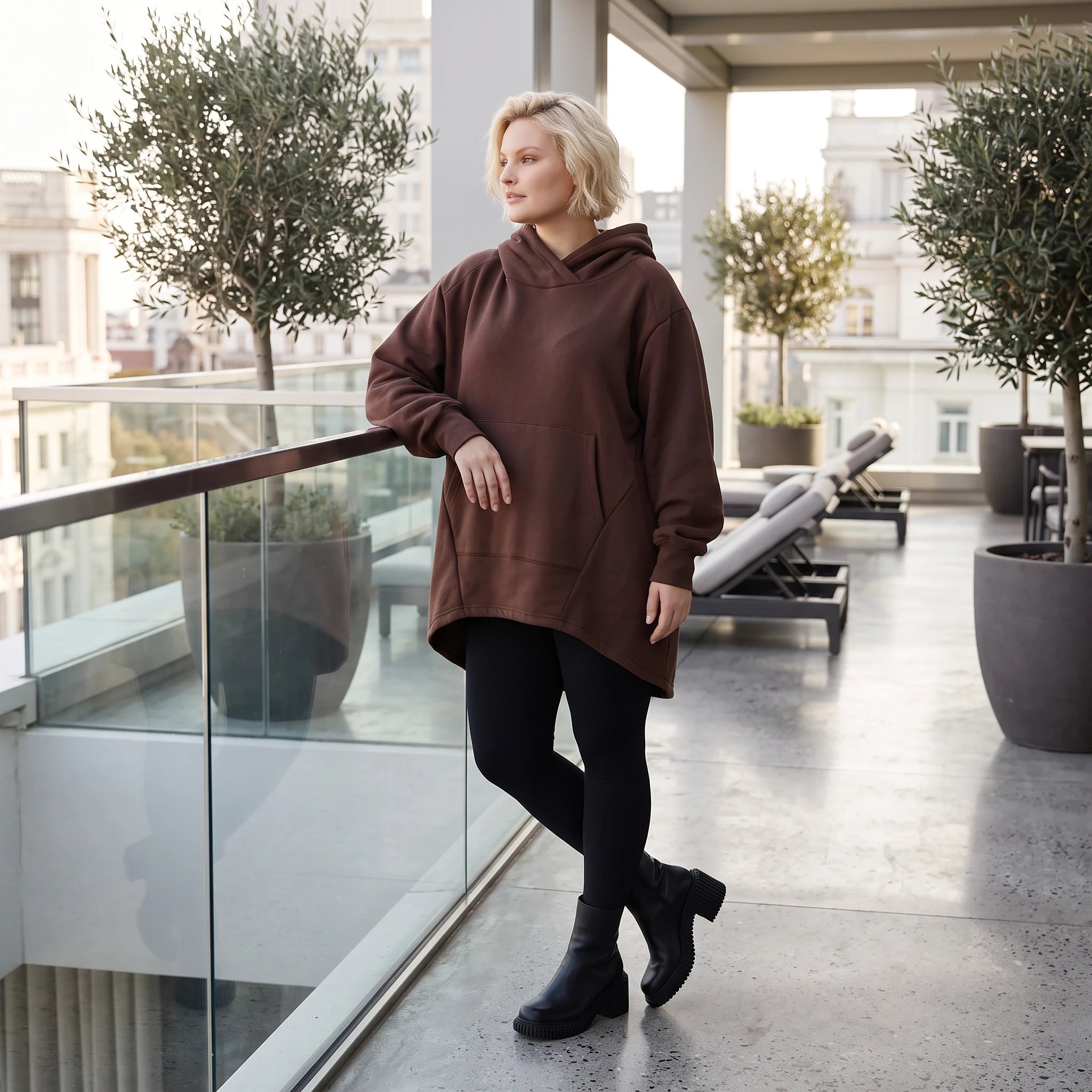 Damen Hoody Lagenlook Baumwolle Schokobraun, gerundeter Schnitt, 7/8-Arm, Kängurutasche, Oversize große Größen – Rafay