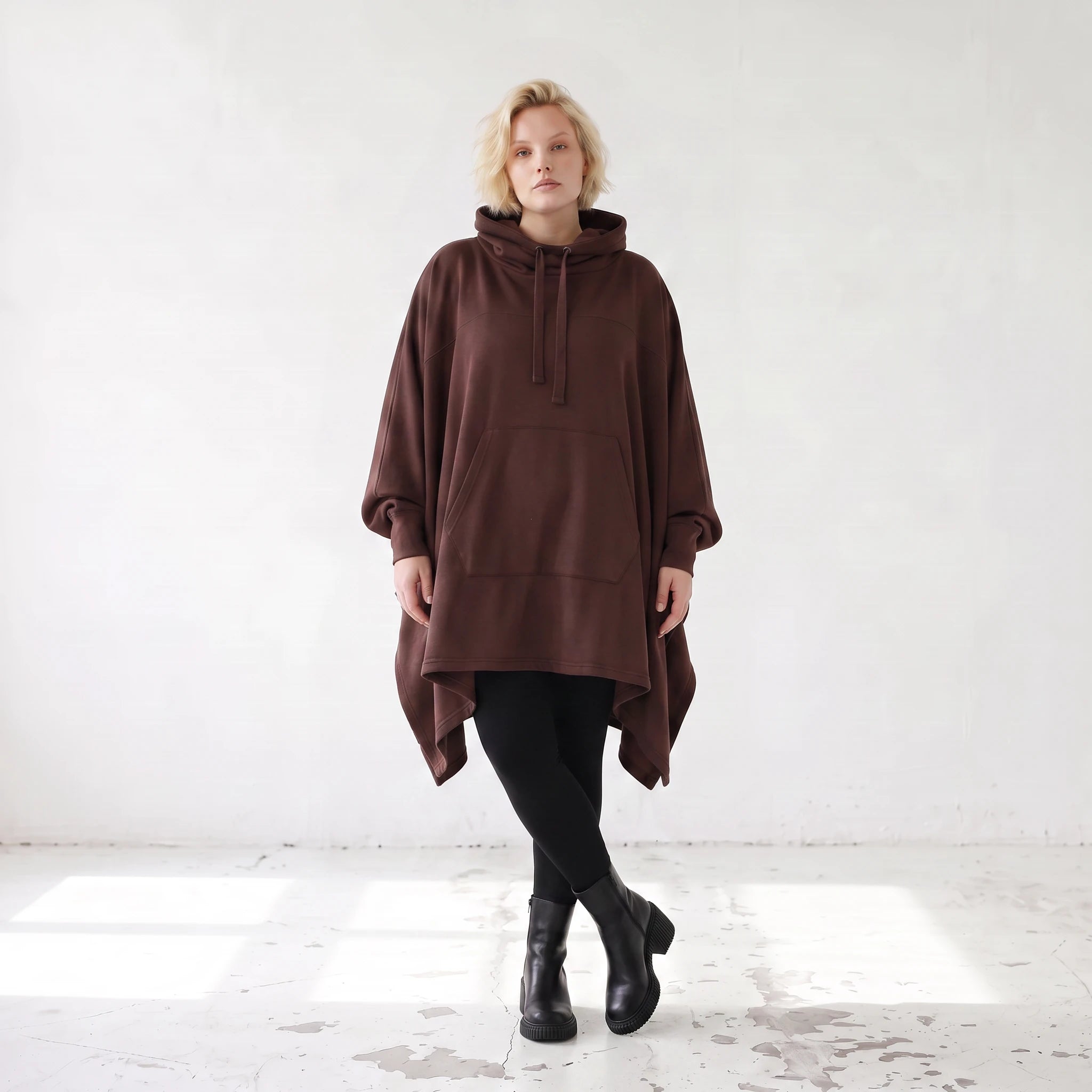 Damen Poncho Lagenlook Baumwolle Schokobraun, kastiger Schnitt, Kapuze, Oversize große Größen – Rafay