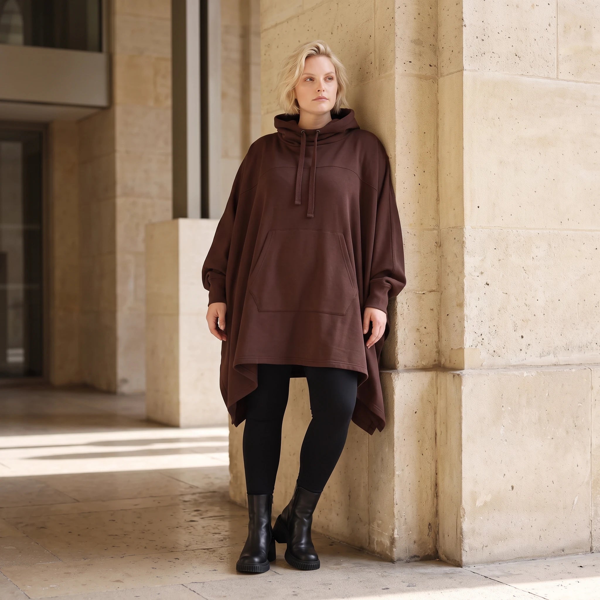 Damen Poncho Lagenlook Baumwolle Schokobraun, kastiger Schnitt, Kapuze, Oversize große Größen – Rafay