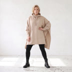 Damen Poncho Lagenlook Baumwolle Sand, kastiger Schnitt, Kapuze, Oversize große Größen – Rafay