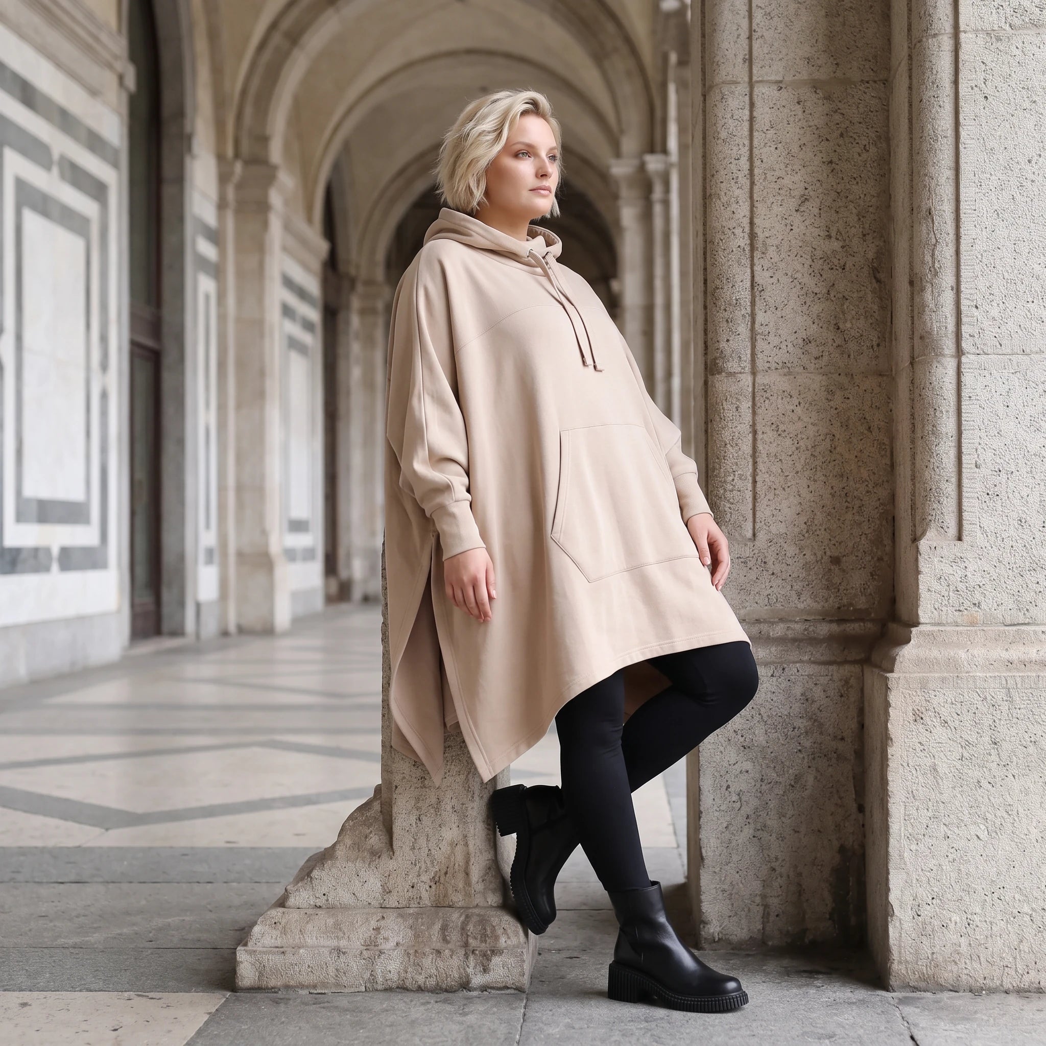 Damen Poncho Lagenlook Baumwolle Sand, kastiger Schnitt, Kapuze, Oversize große Größen – Rafay